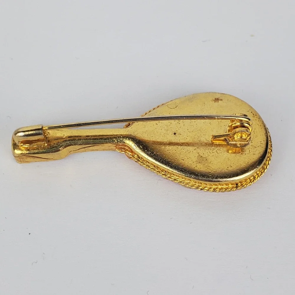 Vintage Multicolor Floral Micro Mosaic Glass Gold Tone Metal Guitar Brooch Pin